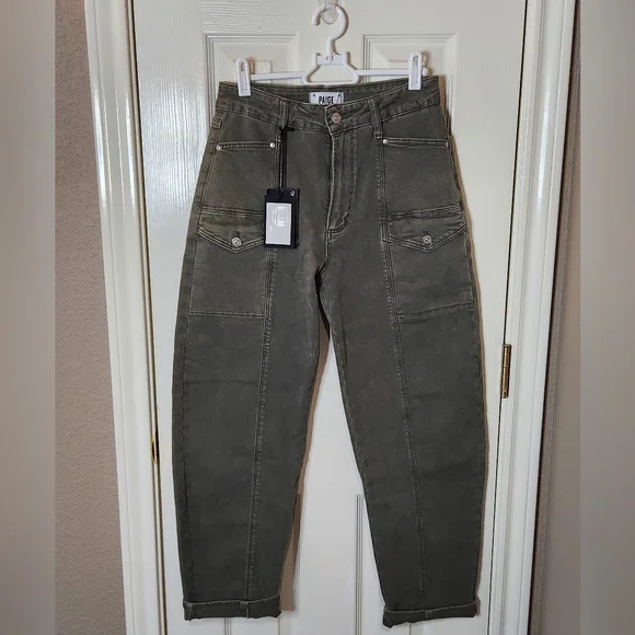 Paige Alexis Cargo High Rise Barrel Leg Jean In Ivy Green. NWT. Size 28 - Picture 1 of 10